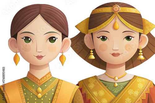 Vector of woman wearing Chut Thai, a traditional Thai costume with silk fabric, golden belt, and decorative patterns.