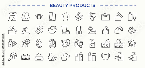 Beauty products icon set. Contains outline symbols like care, makeup, cosmetic, cream and more. Face vector icon set. Modern thin line style icons. Pictogram and infographic.