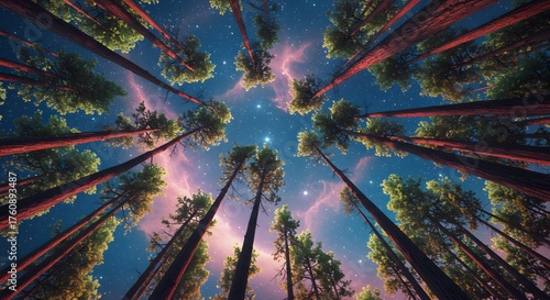 Looking Up Through Tall Redwood Trees Towards a Starry Night Sky with Nebula