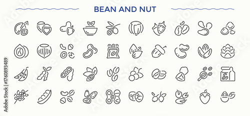 Nut And Bean linear icon collection. Related to healthy food, beans, nut, food, peas, protein, bean and more. Food icon set. Outline symbol collection. Editable stroke. Vector collection.