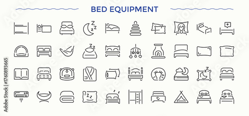 Bed equipment icon set. Bedchamber vector outline icons collection. Thin icons set. Bedchamber line icon set. Pictogram and infographic.