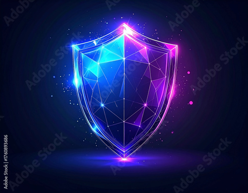 Neon illuminated futuristic shield emblem representing cyber security protection