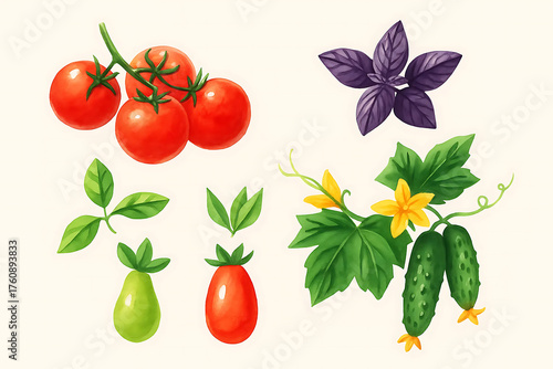 Beautiful vector set with watercolor hand drawn tomato and cucumber paintings