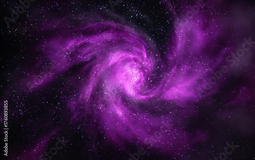 a purple galaxy with swirling stars and nebulae, set against the vastness of space. the background is dark, 