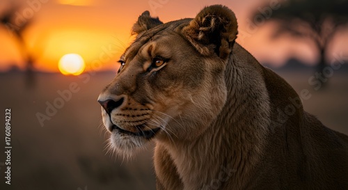 Majestic Lioness Gazes Out Over African Savanna at Sunrise