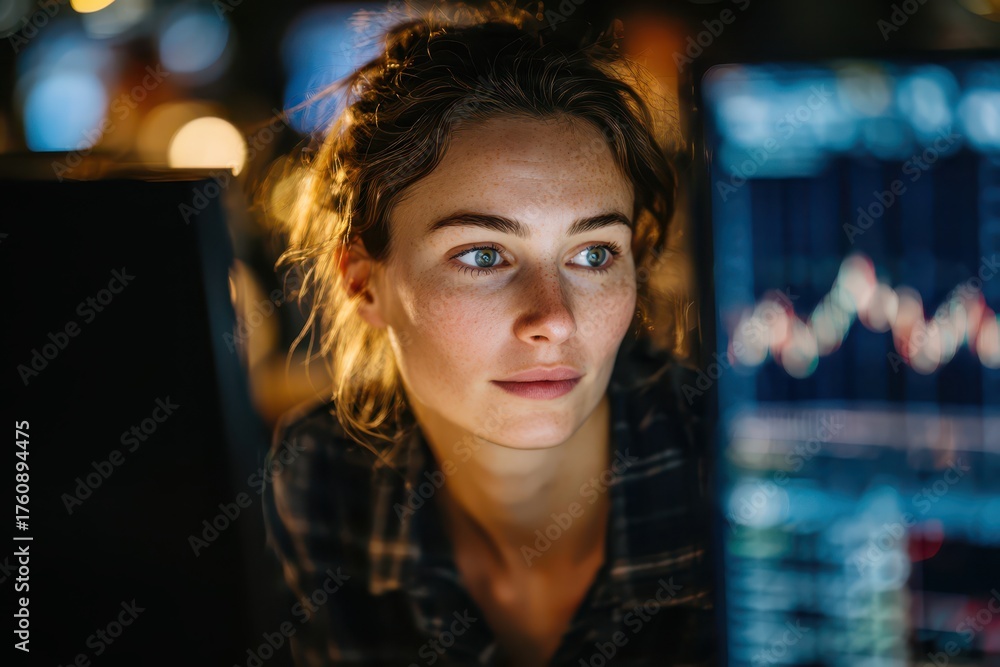 Obraz premium A focused woman intently analyzing complex data on a glowing screen.