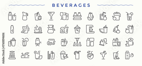 Beverage icon set in linear style. Trendy minimal icons. Soft Drinks linear icon set. Includes thin line symbols soda, juice, champagne, drinks, coffee, soft drinks, cocktail and more.