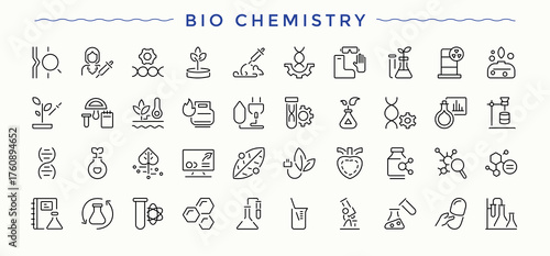 Bio Chemistry icon set. Thin UI icons. Editable stroke. Pixel Perfect. Biology icon set. Pictograms of science, molecular, biology, chemist, technology and more.
