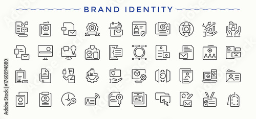 Brand Identity icon set. Modern linear icons. Contain linear sign brand, company, marketing, identity, social, branding. Signs for web and mobile app. Identity vector line icon set.