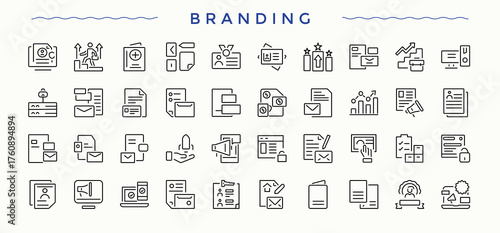 Branding line icon set. Identity line icon set. Minimal icons collection. Contain linear sign social, marketing, identity, brand and more. Vector illustration in modern line style.