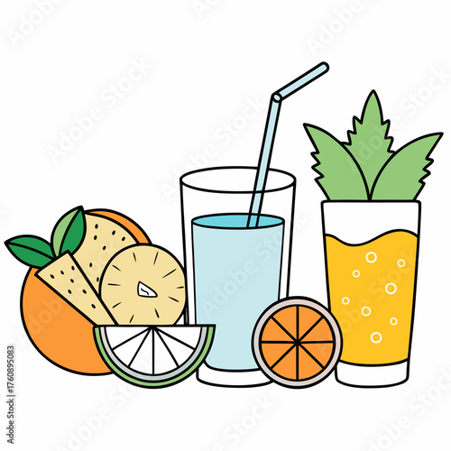 “Summer Drinks Line Art Vector | Minimal Tropical Fruits Outline Illustration | Refreshing Summer Design”