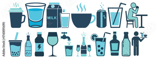 Flat vector icons of drinks and beverages, including water, milk, coffee, tea, juice, soda, wine, bottle and glass symbols for food and drink concepts.
