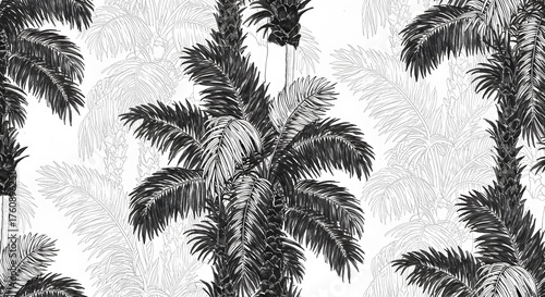 Monochromatic Palm Trees Pattern with Vintage Sketchy Outline for Tropical Background