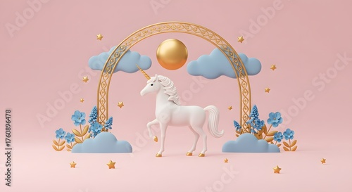Whimsical White Unicorn with Golden Horn and Arch Amidst Clouds and Flowers