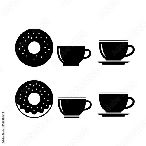 Donuts and Coffee Cups Silhouettes on White Background