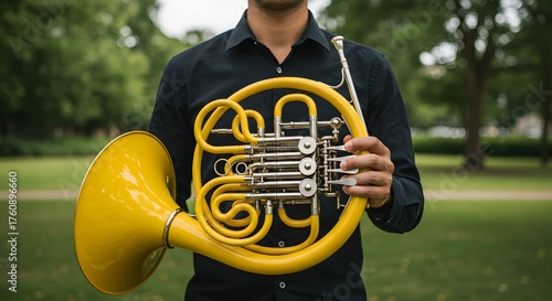 Musician in Black Shirt Holding Yellow French Horn in Park