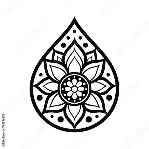 Intricate teardrop floral mandala design with scattered dot accents