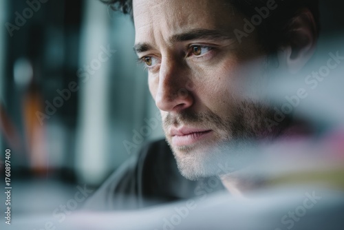 Thoughtful man gazes intent...