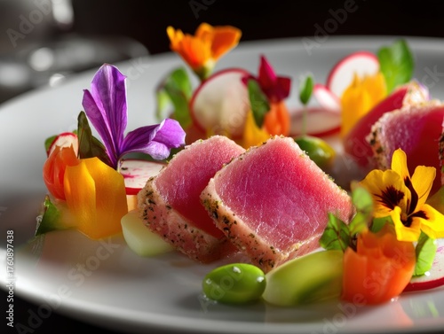 Seared tuna slices elegantl...