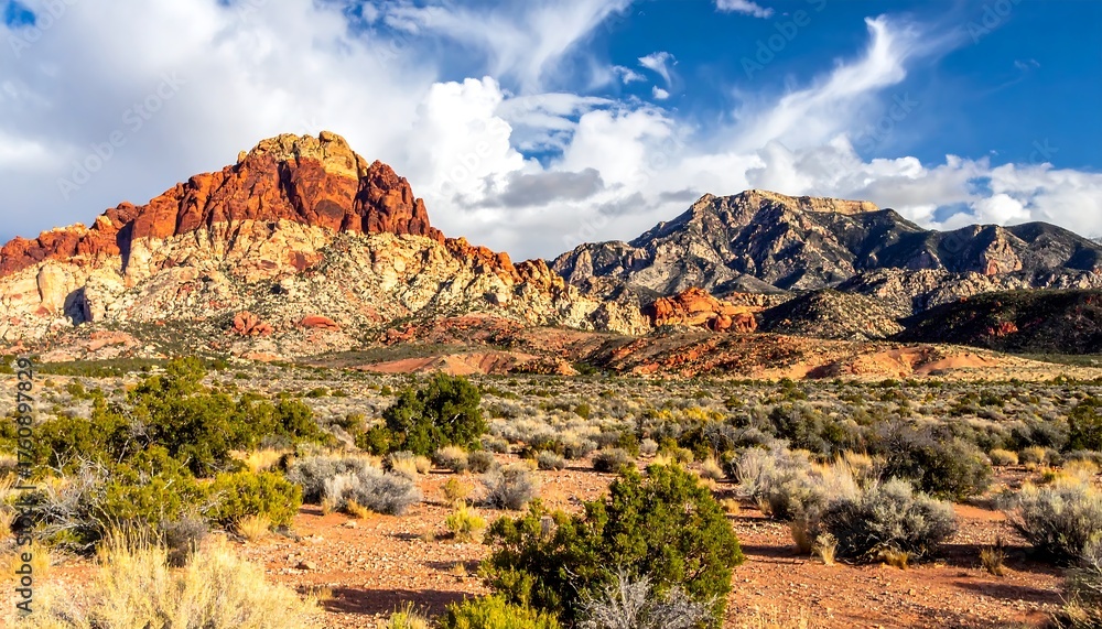 Obraz premium A vivid desert landscape features colorful sandstone mountains under a partly cloudy sky, contrasted by arid terrain and sparse vegetation