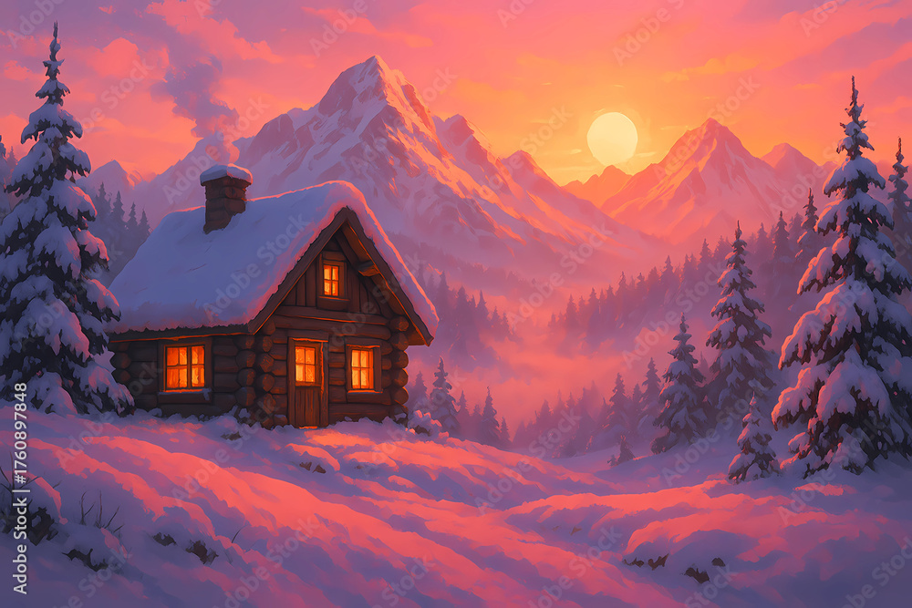 Fototapeta premium Golden hour with pink reflections on snow.