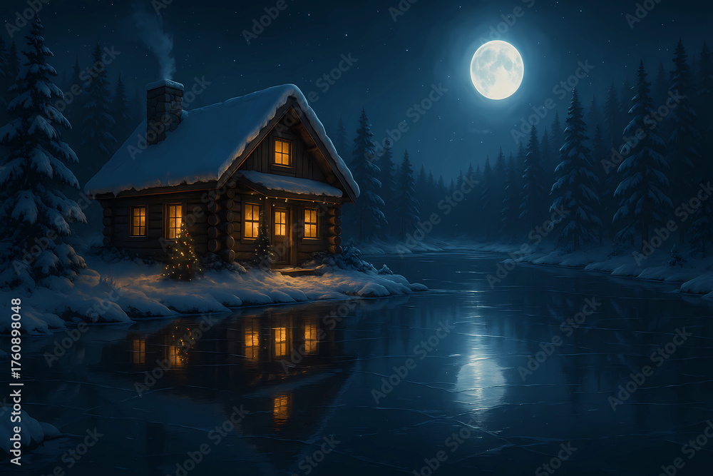 Fototapeta premium Frozen lake with cabin reflection.