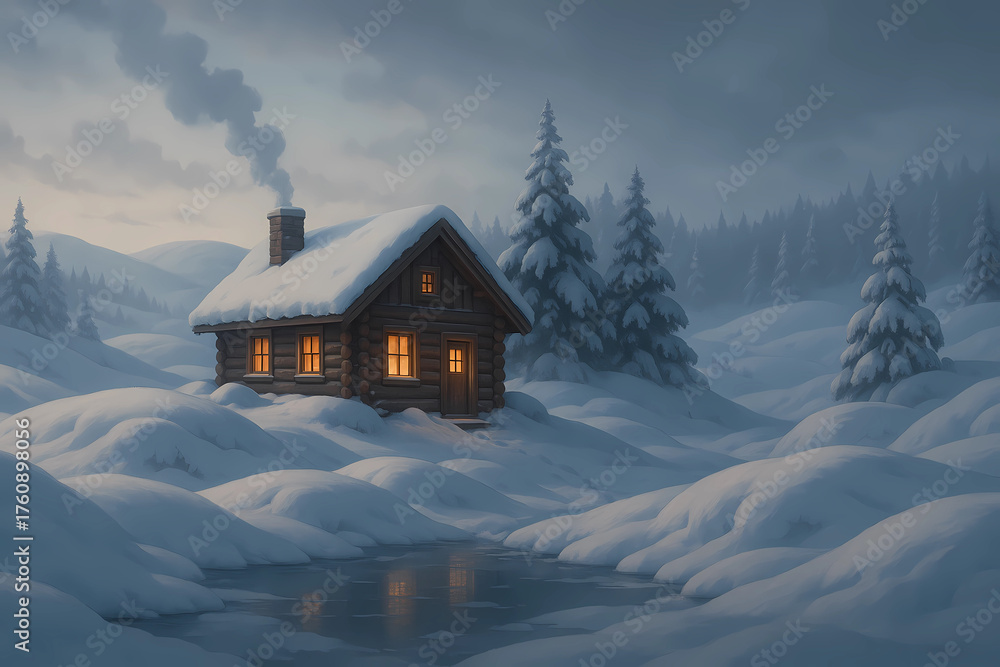 Fototapeta premium Rolling snowy hills around the cabin.