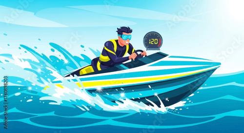 Cartoon watercraft excursion with driver, water splashes and speedometer display