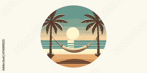 Tranquil Tropical Beach Scene with Hammock and Palm Trees Vector Illustration