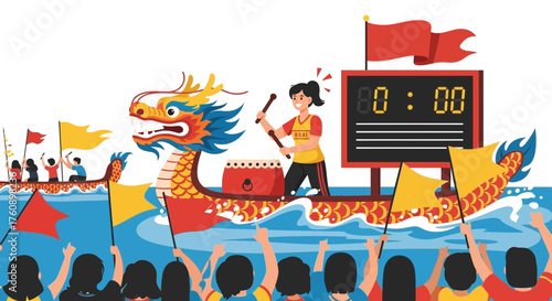 Festive dragon boat race celebration with energetic drummer and cheering crowd