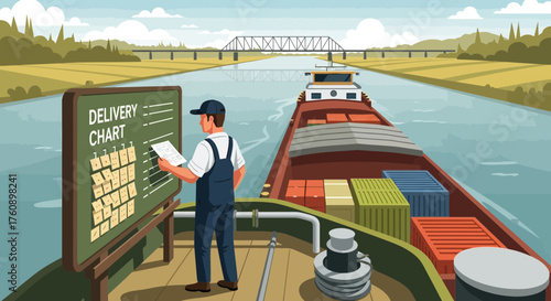 River cargo transport management illustration showing delivery operations on vessel