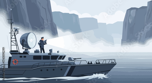 Coastal patrol boat navigating through a foggy fjord, featuring a vigilant officer