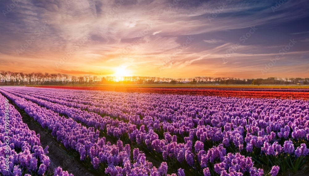 Fototapeta premium Spring Flower Field At Sunset In The Netherlands With Rich Purple Hyacinths Banner Floral Background