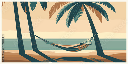 A serene and relaxing tropical beach scene with a hammock swaying between two palm trees at sunset, perfect for a peaceful vacation getaway