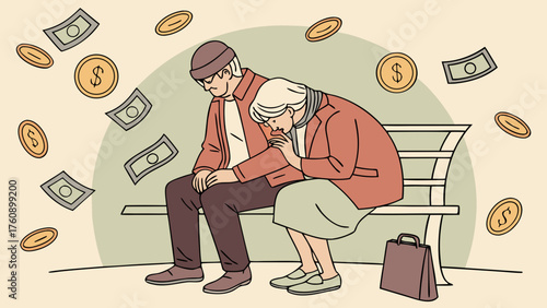 A simple illustration of a middle-aged couple struggling financially. Money troubles. Recession. Fraud. Loans.
