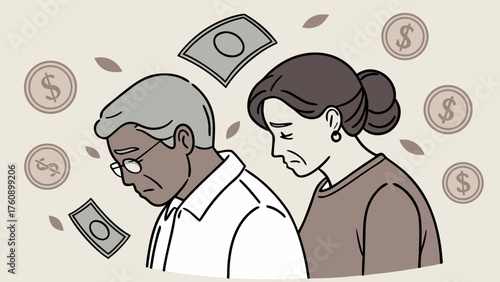 A simple illustration of a middle-aged couple struggling financially. Money troubles. Recession. Fraud. Loans.