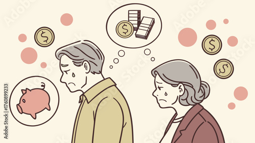 A simple illustration of a middle-aged couple struggling financially. Money troubles. Recession. Fraud. Loans.