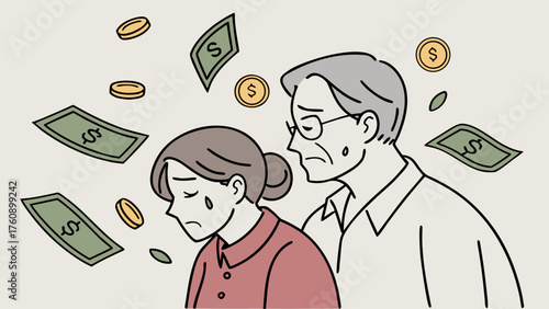 A simple illustration of a middle-aged couple struggling financially. Money troubles. Recession. Fraud. Loans.