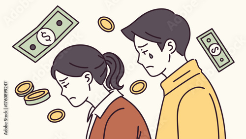 A simple illustration of a young couple struggling financially.
