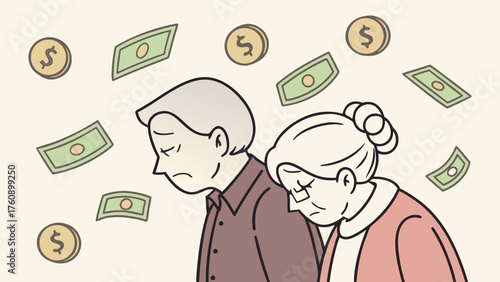 A simple illustration of a middle-aged couple struggling financially. Money troubles. Recession. Fraud. Loans.