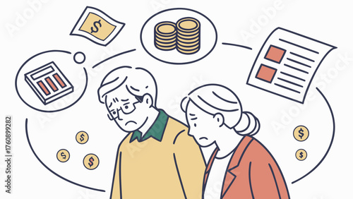 A simple illustration of a middle-aged couple struggling financially. Money troubles. Recession. Fraud. Loans.
