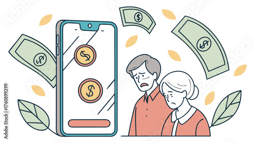 A simple illustration of a middle-aged couple struggling financially. Money troubles. Recession. Fraud. Loans.