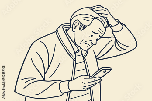 Simple illustration of elderly people struggling with electronic devices. Vintage. Old man. Old woman. Smartphone. Nuisance calls. Spam. Apps. Stocks. Gambling.