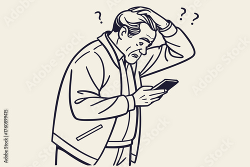 Simple illustration of elderly people struggling with electronic devices. Vintage. Old man. Old woman. Smartphone. Nuisance calls. Spam. Apps. Stocks. Gambling.