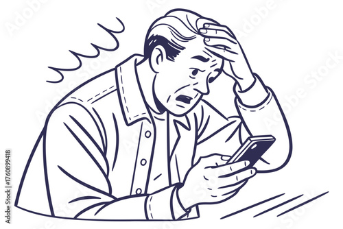 Simple illustration of elderly people struggling with electronic devices. Vintage. Old man. Old woman. Smartphone. Nuisance calls. Spam. Apps. Stocks. Gambling.