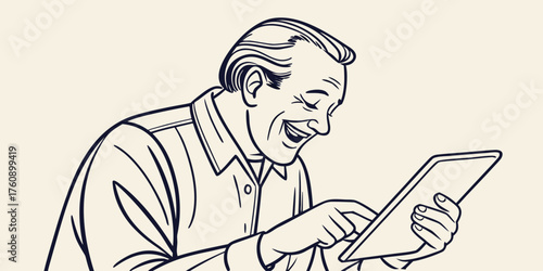 A simple illustration of an elderly man happily operating an electronic device. Vintage. Middle-aged man. Smartphone. Tablet. App. Stocks. Gambling.