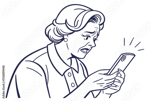 Simple illustration of elderly people struggling with electronic devices. Vintage. Old man. Old woman. Smartphone. Nuisance calls. Spam. Apps. Stocks. Gambling.