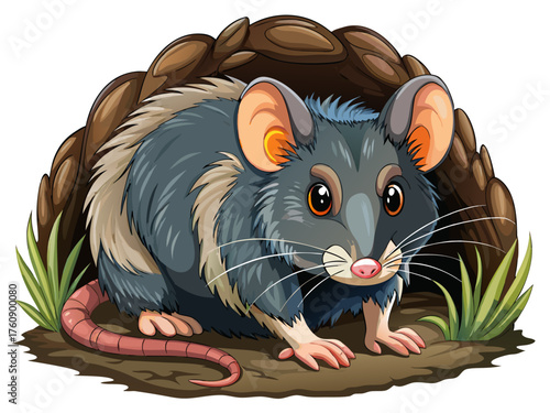 Realistic vector of rat hiding underground, brown-gray fur, long tail, whiskers visible, isolated on white background, detailed natural illustration