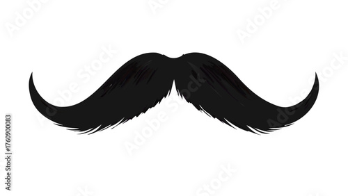 Realistic black mustache isolated on white background, thick and curved upward on both ends, detailed hair texture with natural shine and symmetry, classic vintage style facial hair, vector icon.