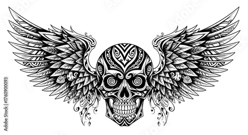 Detailed black and white skull with wings drawing for tattoo design and gothic art illustration vector art
